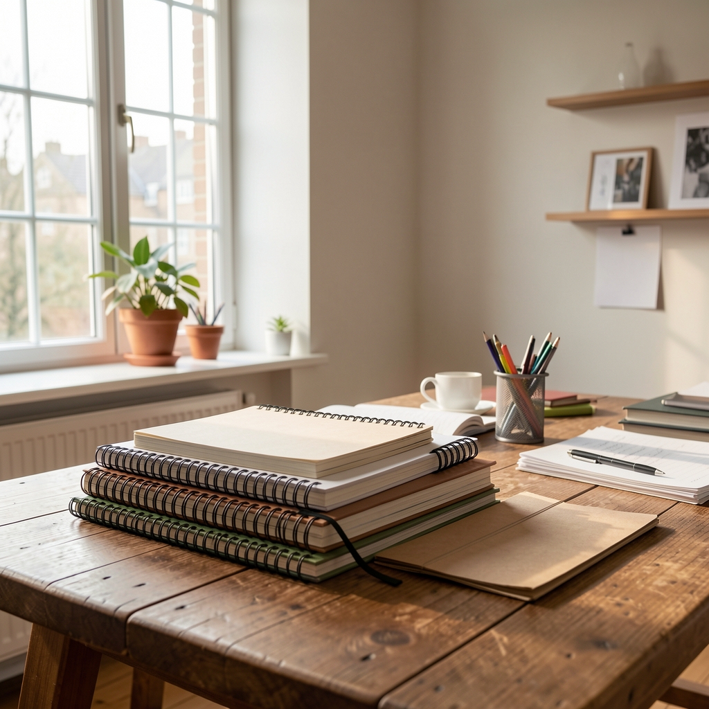 A well-lit editorial workspace with notebooks stacked on a wooden desk, morning light entering through a tall window