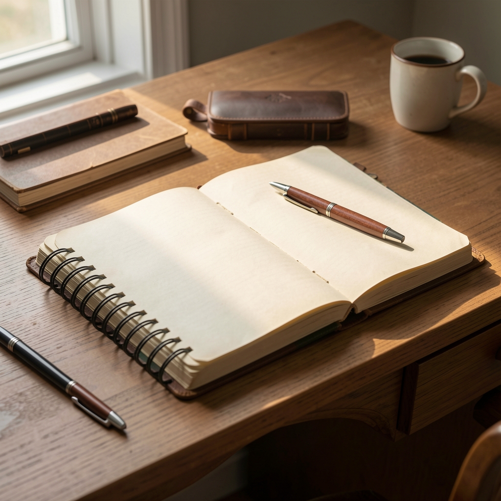 A neatly arranged desk with field notebooks, a pen case, and natural light falling across the surface