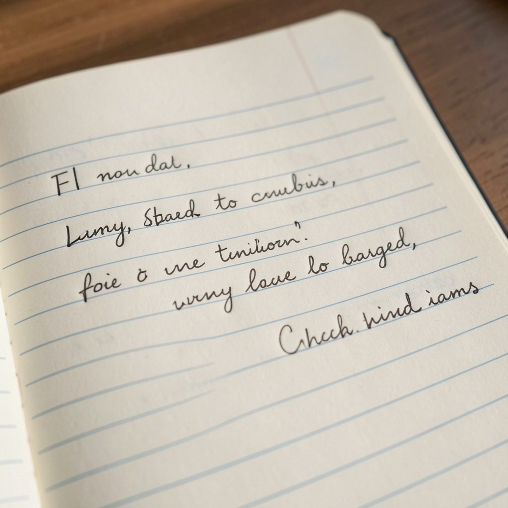 Close detail of handwritten notes on a lined notebook page with careful marginalia, seen in soft daylight