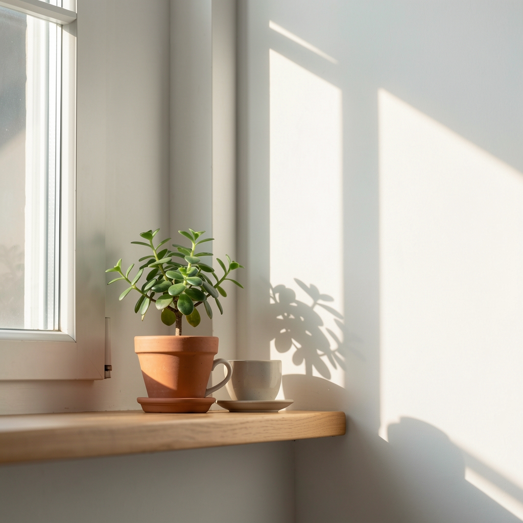 A window ledge with a small plant, a cup, and morning light creating long soft shadows across a white wall
