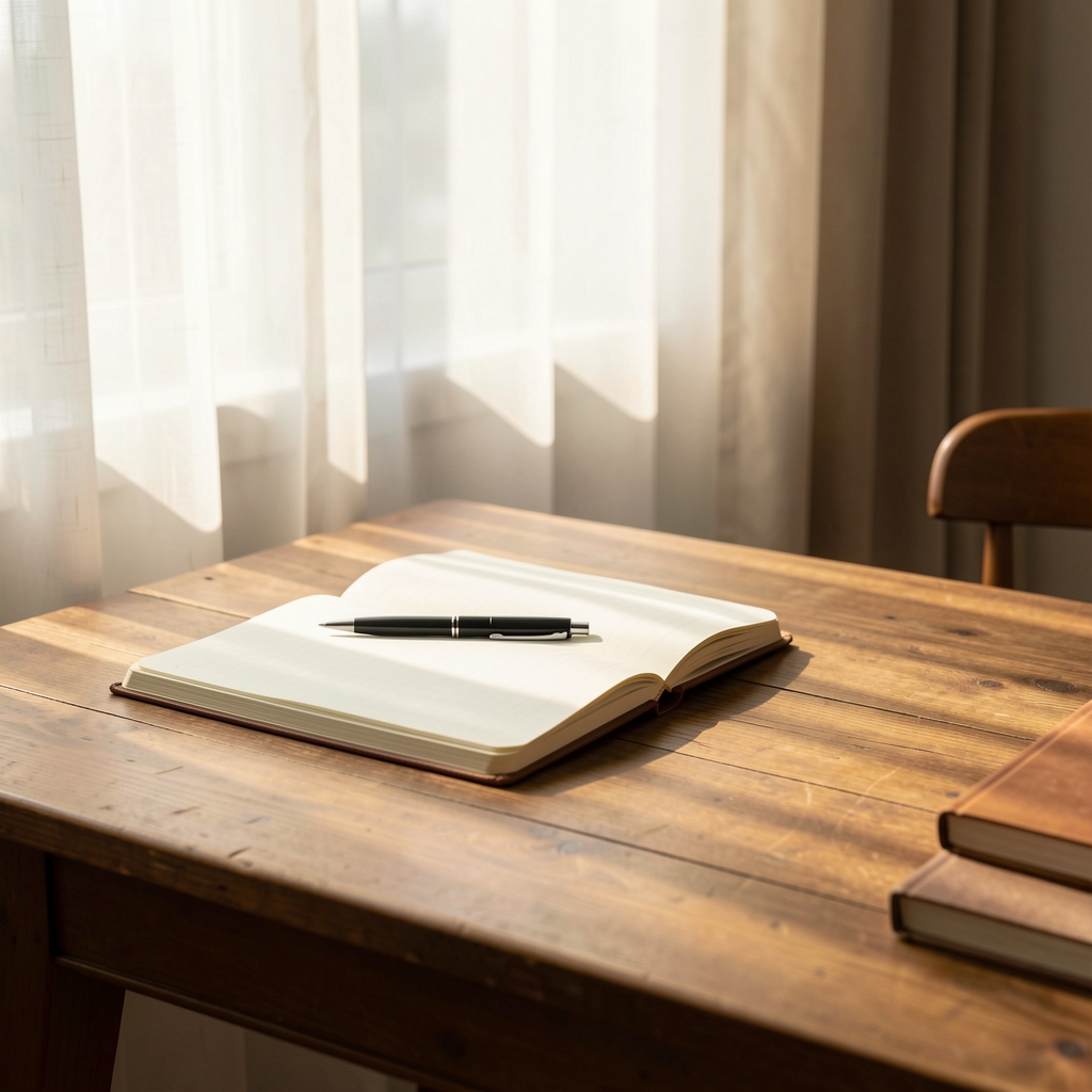 Morning light filtering through curtains onto a wooden desk with an open notebook and pen