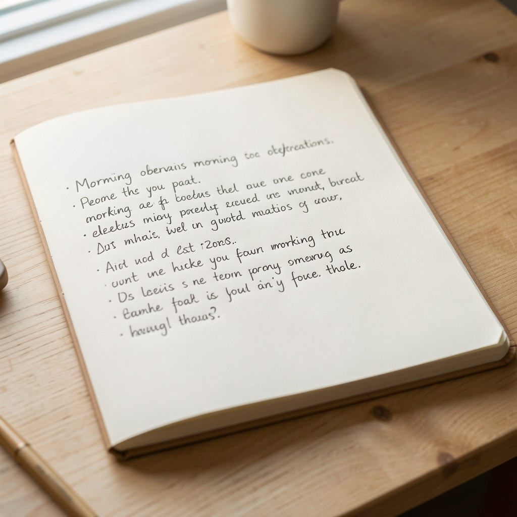 A handwritten notebook page with morning observations, resting on a light wooden surface under soft window light