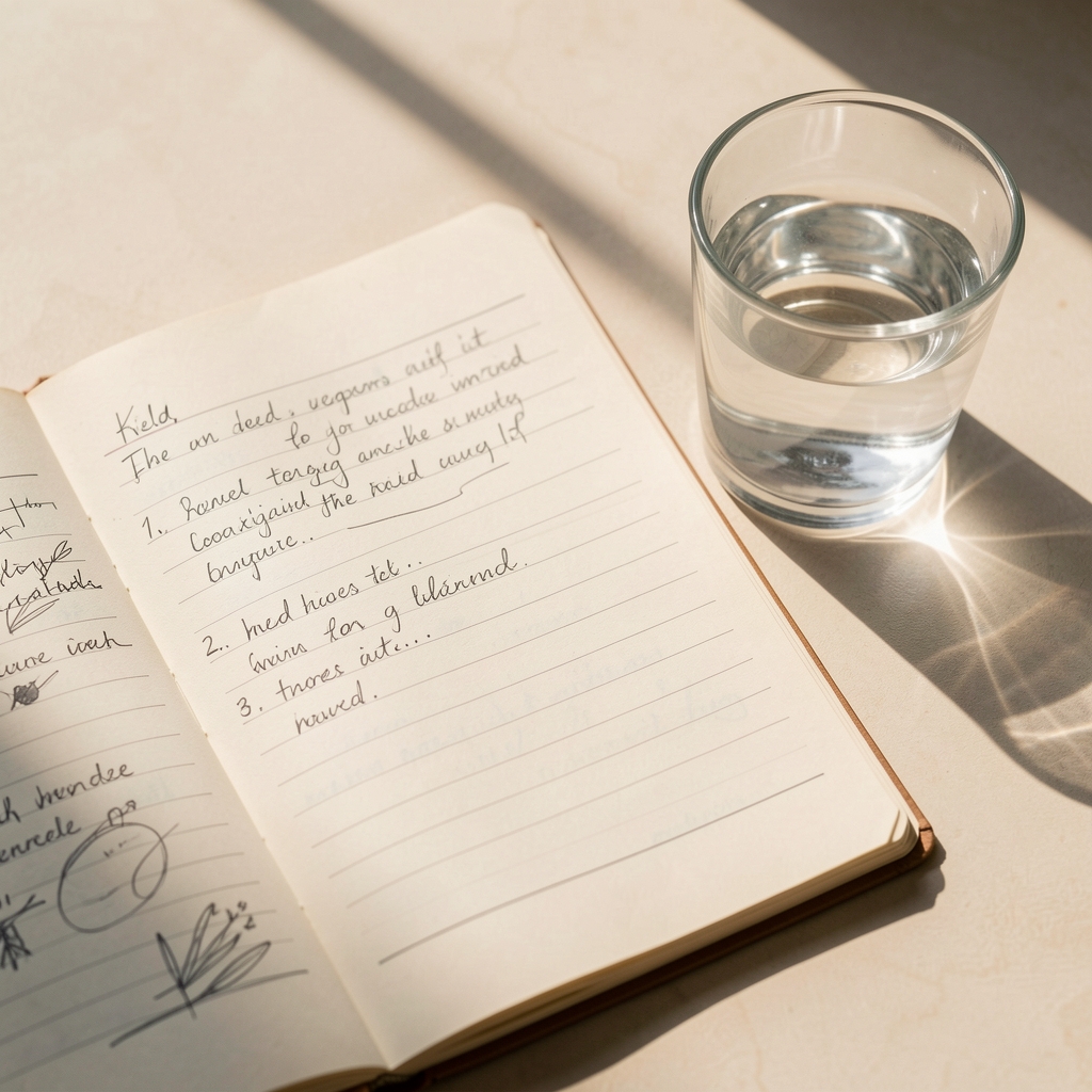 Close view of a flat-lay composition with field notes, a small glass of water, and morning daylight casting soft shadows