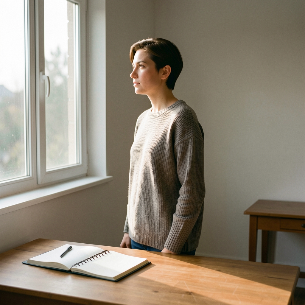 A person standing near a window in soft morning light, looking outward, in a simply furnished room with a notebook on a nearby table