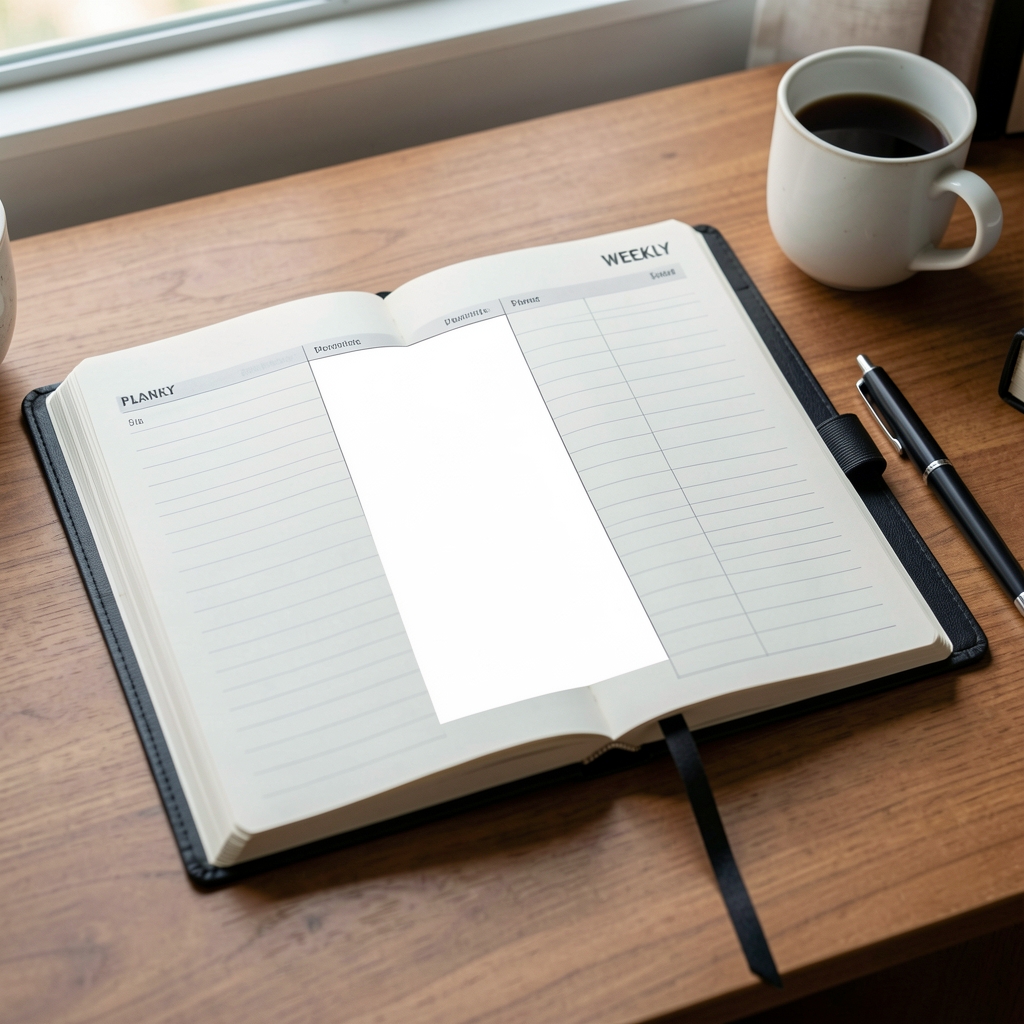 A weekly planner spread open on a desk with one block deliberately left blank, surrounded by a pen and a small cup, under diffused daylight
