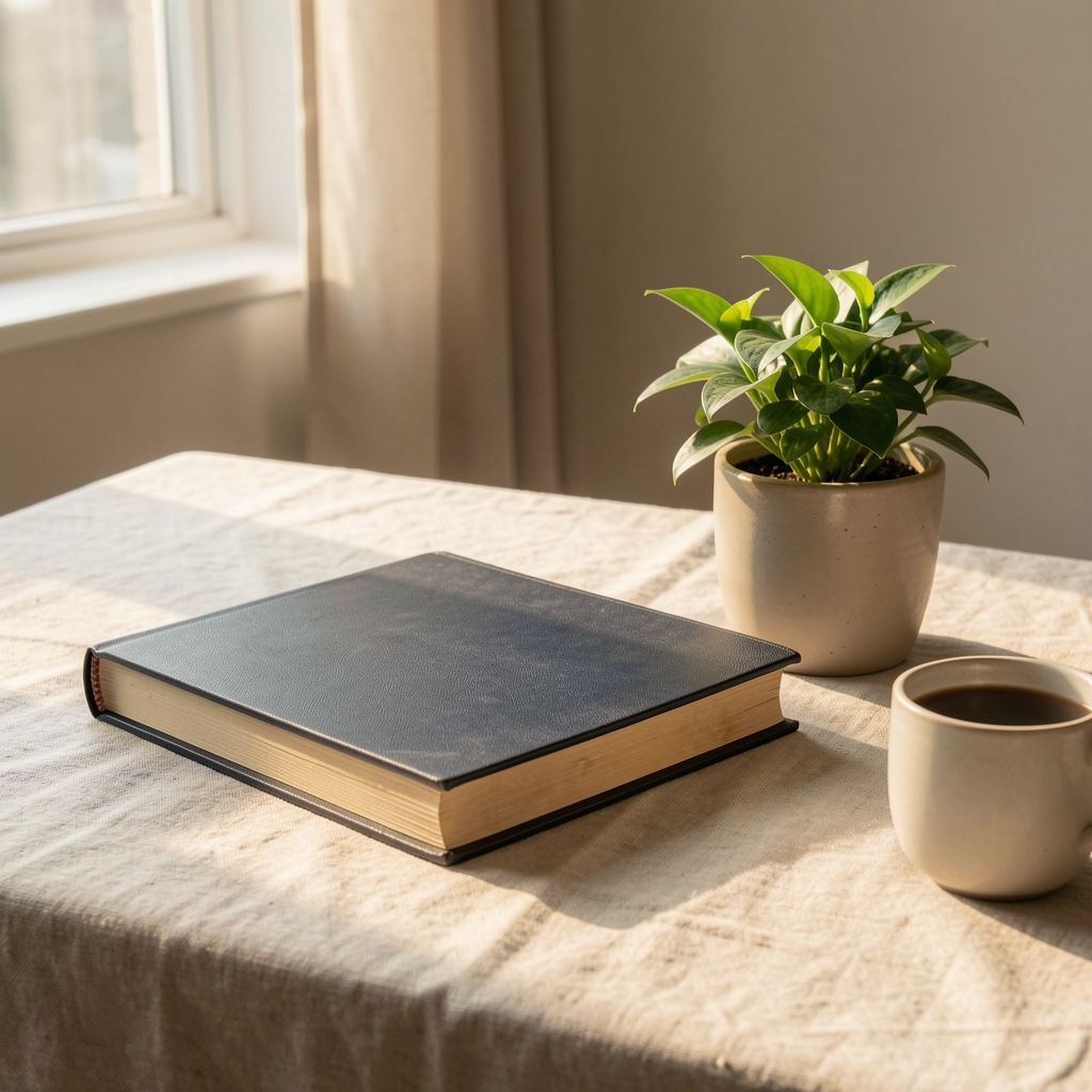 A quiet workspace in soft afternoon light with a closed journal, a single plant, and a cup resting on a linen surface