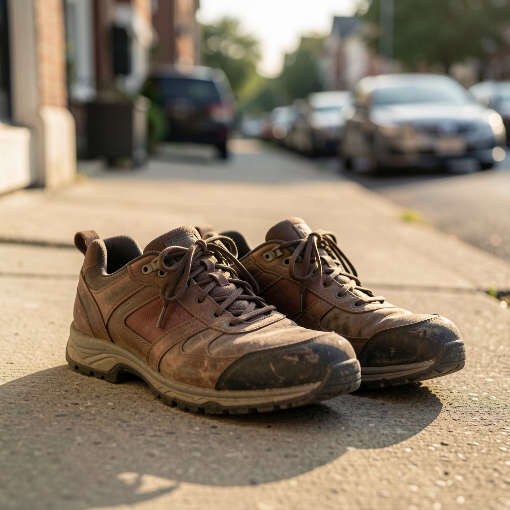 A pair of worn walking shoes on a doorstep in morning light, ready for use, with a blurred street behind them