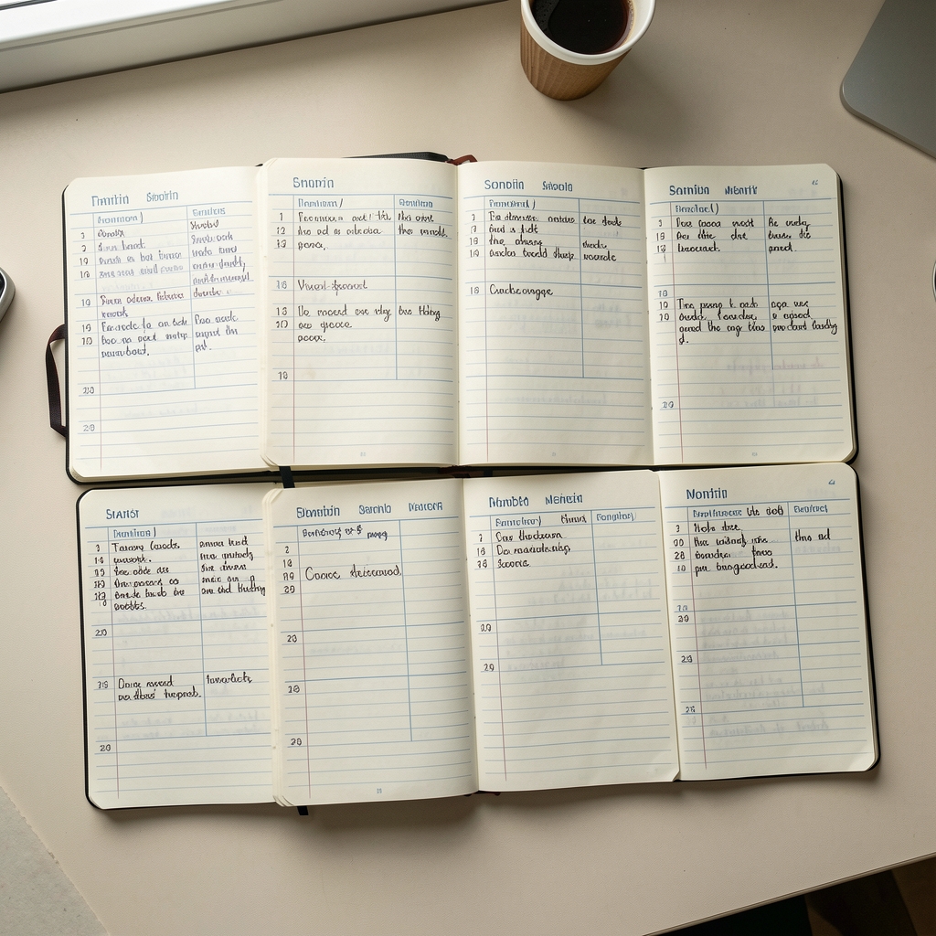 A spread of handwritten notebook pages showing months of daily entries, seen from above on a light desk surface in natural daylight