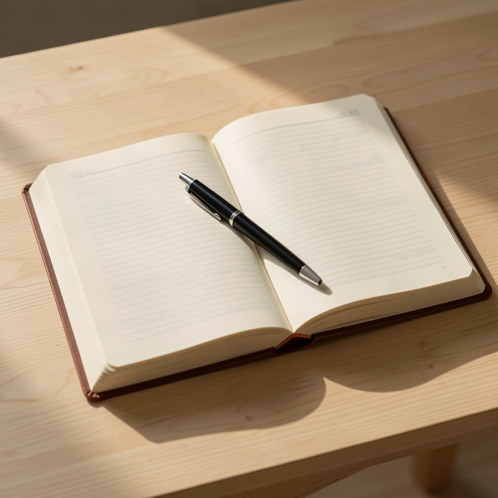 Open journal resting on a light wooden surface in morning light, with a pen placed across the pages and soft natural shadows